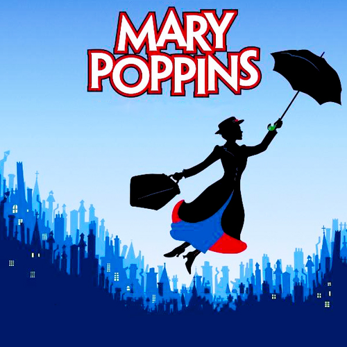 Image of Mary Poppins flying over the city