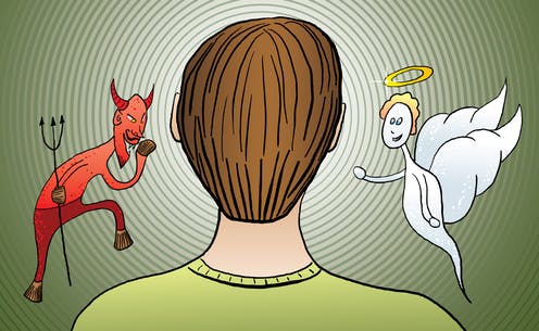 Cartoon of a man with devil/angel on his shoulders