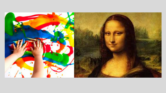 Image of a child's finger painting next to The Mona Lisa